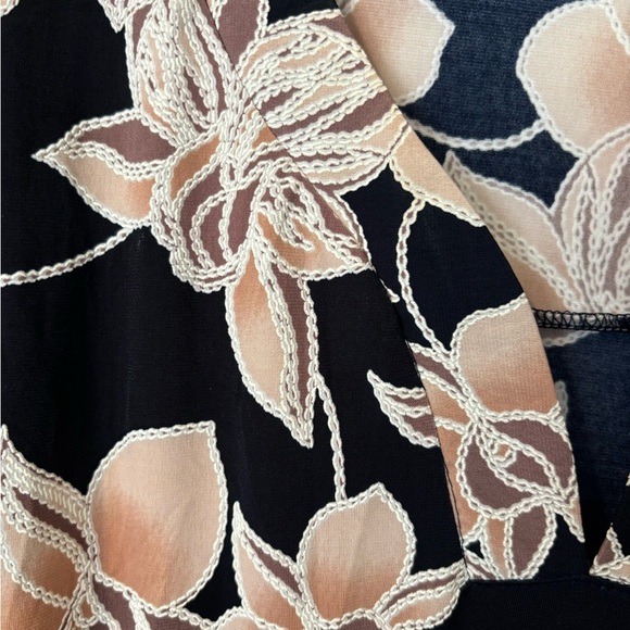 “SJS” V Neck  Soft Knit Navy Blouse With Textured Pink Floral Design - Picture 3 of 8